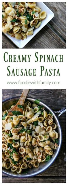 creamy spinach sausage pasta in a skillet on top of a wooden table with text overlay