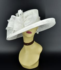 "✿*.Key Features.*✿ One of my favorite hats! It looks like a medium brim hat in pictures, actually the brim is more wide. Coming with big bows and trimmed feathers. 3 Layers high quality sinamay. It's more beautiful in person! Great for Kentucky derby, weddings, church, Easter, Royal Ascot, horse races, cocktails, tea party, or any hat wearing occasion. Hat base size: From front to back: 16.5\" (42cm) From left to right: 16\" (41cm) Wide brim appr: 4.25~5\" Head girth: 22.5\" (57cm) , adjustable White Brimmed Fedora For Kentucky Derby, Classic White Hat For Kentucky Derby, Classic White Hats For Kentucky Derby, White Flat Brim Hats For Formal Occasions, Elegant White Adjustable Fedora, Classic White Top Hat For Kentucky Derby, White Elegant Fedora, Formal White Straw Hat With Curved Brim, Formal White Straw Hat With Short Brim