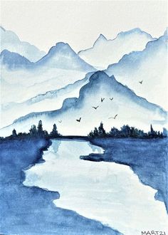 a watercolor painting of mountains with birds flying over them