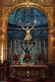 the crucifix is on display in this ornate church