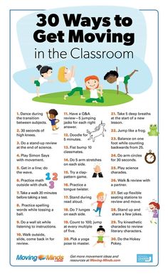 a poster with the words 30 ways to get moving in the classroom and pictures of children doing