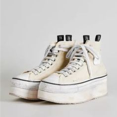 R13 Courtney High Top Sneaker. Size 8 Usa 38 Eu Brand New Courtney Platform High Top Sneaker - Ecru Regular Price $1,135.00 Usd Our High-Top Cotton Twill Sneaker. Rubber Cap In White At Round Toe. Also Features A Lace-Up Closure In White, R13 Embroidered Woven Pull-Loops, Zip Closure At Heel And A Hand-Stitched Textured Rubber Platform. Made In Italy Round Leather White/White Cap Toe And Platform Lace-Up Closure Signature R13 Logo On Side Color: Ecru Slide On Sneakers, Ankle Cowboy Boots, Leopard Sneakers, Tory Burch Sandals, Trending Sandals, Buckle Ankle Boots, High Top Sneaker, 2021 Fashion, Round Leather