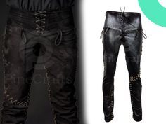 Embody the fearless Viking warrior spirit with these rugged and sophisticated Handmade Ragnar Viking Pants, crafted with precision and attention to detail. Material Options: - 100% Genuine Leather: Premium, high-quality leather that exudes luxury and durability Features: - Expertly handcrafted by our skilled artisans - 100% Original and Unique design pants - Viscose lining for added comfort and durability - Laces closure for a secure and adjustable fit - Intricate details and textures, evoking t Fitted Bottoms With Belt Loops For Festivals, Punk Style Halloween Costume Bottoms, Punk Style Costume Bottoms For Halloween, Punk Halloween Costume Bottoms, Punk Pants For Cosplay And Halloween, Fitted Punk Costume Bottoms, Punk Style Fitted Costume Bottoms, Gothic Bottoms For Halloween Cosplay, Fitted Cosplay Bottoms With Belt Loops