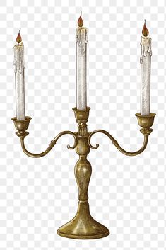 three candles are lit on an antique brass candelabra, hd png