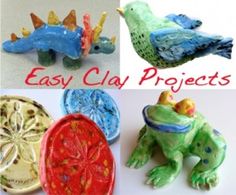 four different clay clay projects with pictures of animals and birds on them, including a frog