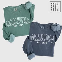 two shirts with the words grandma and grandpa printed on them, one is green and the other is gray