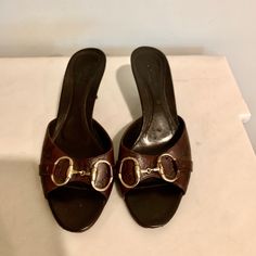 Vintage Gucci Heeled Sandals. Dark Brown Color. Embossed With Gucci Logo. 2” Heel Gucci Heels, Gucci Leather, Dark Brown Color, Gucci Shoes, Leather Mini, Dark Brown, Shoes Women Heels, Vintage Gucci, Sandals Heels