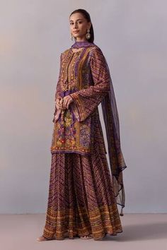 Purple kurta with printed floral-bird motifs, embellished by beads, sequins and front tie. Comes with chevron print sharara and dupatta. - Aza Fashions Bird Motif, Sharara Set, Chevron Print, Bird Prints, Aza Fashion, Custom Made, Purple, Floral