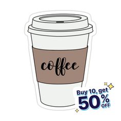 a coffee cup with the word coffee on it and 50 % off sticker next to it