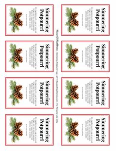 four wine bottle labels with pine cones on the top and bottom, all in red