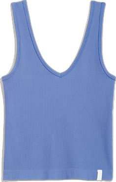 Stretch Seamless V-neck Knit Top, Stretch Ribbed V-neck Tank Top, Seamless V-neck Summer Tops, Blue Ribbed V-neck Tank Top, Stretch Ribbed Knit Top With V-neck, Seamless V-neck Knit Top, Seamless Stretch V-neck Knit Top, Casual V-neck Tank Top With Seamless Construction, Casual V-neck Seamless Tops