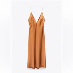 Zara Long Slip Like Dress With Zipper On The Side. Elegant Brown Midi Dress For Daywear, Elegant Brown Maxi Dress For Daywear, Chic Brown Midi Dress With Spaghetti Straps, Brown Spaghetti Strap Dress For Spring, Brown Spring Strappy Dress, Brown Silk V-neck Midi Dress, Sleeveless Brown Slip Dress For Spring, Brown Sleeveless Slip Dress For Spring, Elegant Brown Slip Dress With Spaghetti Straps