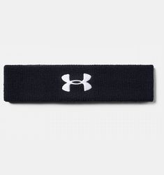 the under armour headband is black and white with an under armour logo on it