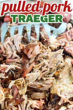 pulled pork traeger on a fork in a skillet with text overlay