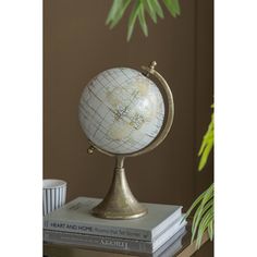 a globe sitting on top of a stack of books next to a potted plant