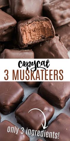 chocolates are stacked on top of each other with the words copycat 3 muskers