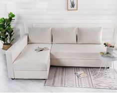 a living room with a white couch and potted plants on the floor next to it