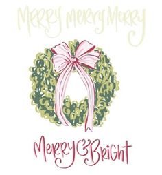 a christmas card with a pink bow on it's front and the words merry & bright