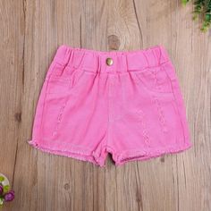 Denim Shorts Girls Solid Color High Elastic Waist Ripped Jeans Short Pants For Children Jeans Short Pants, Pink Denim Shorts, Girls Denim Shorts, Ripped Jean Shorts, Distressed Shorts, Toddler Kids, Kids Shorts, Bottom Clothes, Girls Jeans