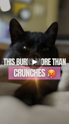 a black cat laying on top of a bed with the caption'this burns more than crunches '