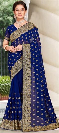 Blue color Saree in Georgette fabric with Embroidered, Stone, Thread, Zari work Blue Traditional Wear With Intricate Embroidery For Celebration, Elegant Blue Embroidered Saree Fabric, Elegant Blue Saree With Intricate Embroidery, Blue Traditional Wear With Intricate Embroidery In Georgette, Blue Semi-stitched Georgette Embroidered Fabric, Semi-stitched Blue Georgette Embroidered Fabric, Elegant Blue Embroidered Traditional Drape Fabric, Elegant Blue Embroidered Fabric With Traditional Drape, Blue Traditional Wear With Intricate Embroidery