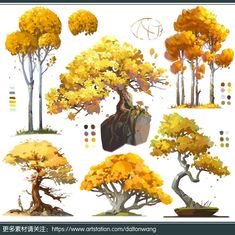 various trees with yellow leaves on them are shown in this drawing technique, which is easy to draw