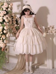 White Ruffles Neckline Embroidery Scallop Trim Jumper Skirt White Lace Trim Tiered Petticoat, White A-line Skirt With Ruffled Details, White Harajuku Skirt With Ruffles, White Ruffled Kawaii Top, Harajuku Ruffled Mini Skirt