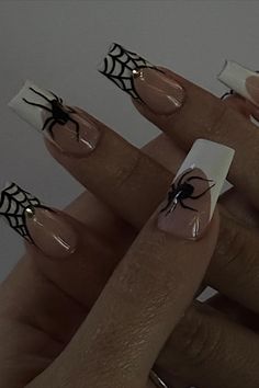 #halloweennails #halloween #nails #nailart #nailsofinstagram #nailsoftheday #nailsonfleek #fallnails #halloweencostume #gelnails #acrylicnails #halloweenmakeup #naildesigns #spookynails #nailtech #halloweendecor #longnails #halloweennailart #inspire #nailinspo #glitternails #coffinnails #instanails #nailporn #blacknails #nailswag #nailstagram #nailsnailsnails #nailartist #ombrenails French Tip With Halloween Design, Halloween Inspired Acrylic Nails, Spiderman Inspired Nails Simple, Black Short Coffin Nail Ideas, Gel Nails Halloween Design, Spiderweb Nails French Tip, Spider Gem Nails, Halloween Nails Designs Short, Spider French Tip Nails