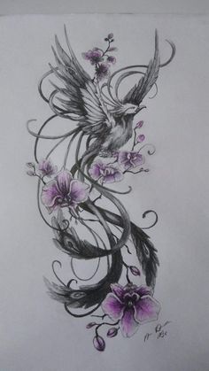 a drawing of a bird with flowers on it