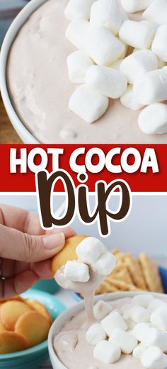 hot cocoa dip with marshmallows in a bowl and on the side, there is a hand holding a spoon full of marshmallows