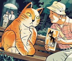 a man sitting on a bench next to a cat and holding an open photo album