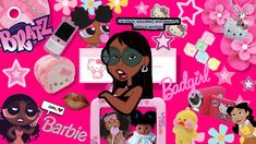 a collage of barbie dolls and other items on a pink background with flowers, stars, and hearts