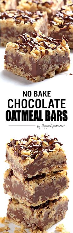 no bake chocolate oatmeal bars are stacked on top of each other