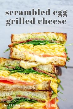 three sandwiches stacked on top of each other with the words scrambled egg grilled cheese