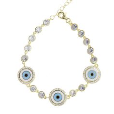 Like a sweet guardian angel for your wrist, this sparkle-starred evil eye bracelet is ready to work overtime to keep good vibes flowing your way! A chain of sky blue nazars, each lined in bright gold and crowned with a heavenly halo of gems, is kept company by brilliant crystals for an extra dose of illumination. Charming, effortlessly graceful, and a constant companion for your everyday adventures. 14k gold plated sterling silver Clear crystals 6-7" Adjustable in length Angel Eyes, Eye Bracelet, Bright Gold, Evil Eye Bracelet, Guardian Angel, Crystal Bracelet, Metal Bracelets, Gold Plated Sterling Silver, Crystal Bracelets