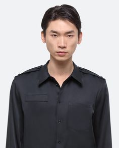 Helmut Lang Epaulet Shirt | HELMUTLANG.COM Military Dress, Peter Do, Garment Manufacturing, Denim T Shirt, Denim Outerwear, Summer Linen, Mens Button Up, Black Shirt Dress, Helmut Lang