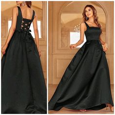 New Princess Seamed Square Neck Lace Up Ball Gown Dress * Sleeveless * Princess Square Neck * High Waist * Back Corset Like Lace Up Tie Detail * Pleated Waist Full Length Skirt *Approximate Unstretched Measurements* Xs (2) * Bust 32"(Up To 34") * Waist 25.25"(Up To 26") * Length 61.25" Small (4) * Bust 34"(Up To 35.25") * Waist 27.2"(Up To 27.5") * Length 61.75" Medium (6) * Bust 35.75"(Up To 37") * Waist 29"(Up To 29") * Length 62.25" Large (8/10) * Bust 37.75"(Up To 39.5") * Waist 31"(Up To 31 Puffy Black Prom Dress, Black Classy Formal Dress, Black Sleeveless Prom Gown, Elegant Sleeveless Dress With Corset Back, Black Sleeveless Gown For Banquet, Sleeveless Evening Dress With Corset Back For Banquet, Sleeveless Gown With Corset Back For Evening, Sleeveless Corset Back Gown For Evening, Sleeveless Gown With Corset Back For Formal Events