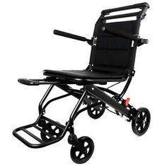 the wheel chair is black and has wheels