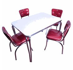 a white table with four red chairs around it