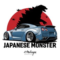 an image of a godzilla car with the words japanese monster on it's side