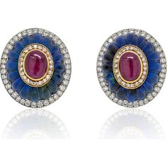 David Webb 18K Yellow Gold and Platinum Clip Earrings with Carved Azurmalachite, Ruby, and Diamonds Luxury Round Earrings For Ceremonial Occasions, Traditional Oval Cabochon Earrings, Bezel Jewelry, Designer Diamond Jewellery, Cabochon Earrings, David Webb, Diamond Birthstone, Classic Earrings, Cabochon Jewelry