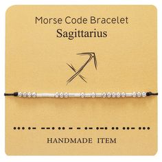 the morse code bracelet sagittarius handmade item is displayed on a card