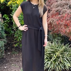 Black, 75% Polyester, 15% Rayon, 5% Cotton, 5% Spandex, Total Length 48" Fitted Black Maxi Dress With Tie Waist, Black Maxi Dress For Day Out, Black Long Maxi Dress For Day Out, Long Black Dress For Day Out, Black Casual Maxi Dress For Work, Spring Black Maxi Dress With Tie Waist, Black Maxi Dress With Tie Waist For Work, Chic Black Maxi Dress With Tie Waist, Black Midi Dress With Tie Waist