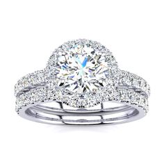 Moissanite Engagement Ring | 2 Carat Round Moissanite Halo Bridal Set In 14 Karat White Gold Halo Bridal Set, Round Engagement Rings, Bridal Engagement Rings, Jewelry Diamonds, Diamond Bridal Sets, Bridesmaid Jewelry Sets, Rings Diamond, Round Moissanite, Halo Engagement Rings