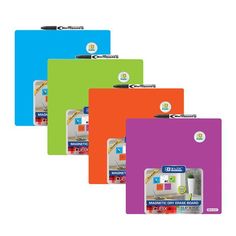 five different colored folders with labels on them