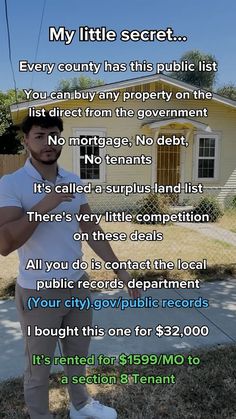 a man standing in front of a house with a sign that reads, my little secret every country has this public list you can buy from the government