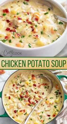 two pictures showing chicken potato soup in a green pot and the same image with text overlay