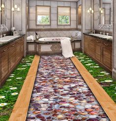 the bathroom is decorated with flowers and pebbles on the floor, along with two sinks