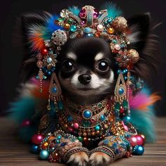 a small dog dressed up as a costume with beads and jewels on it's head