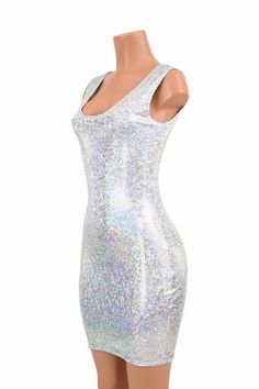 Silver on White Shattered Glass Sparkling Holographic Bodycon Tank Dress -E7802 Pink Peacoat, Bodycon Tank Dress, Shattered Glass, Olive Branch, Tank Dress, Scoop Neckline, Dress Making, White Dress, Fashion Dresses